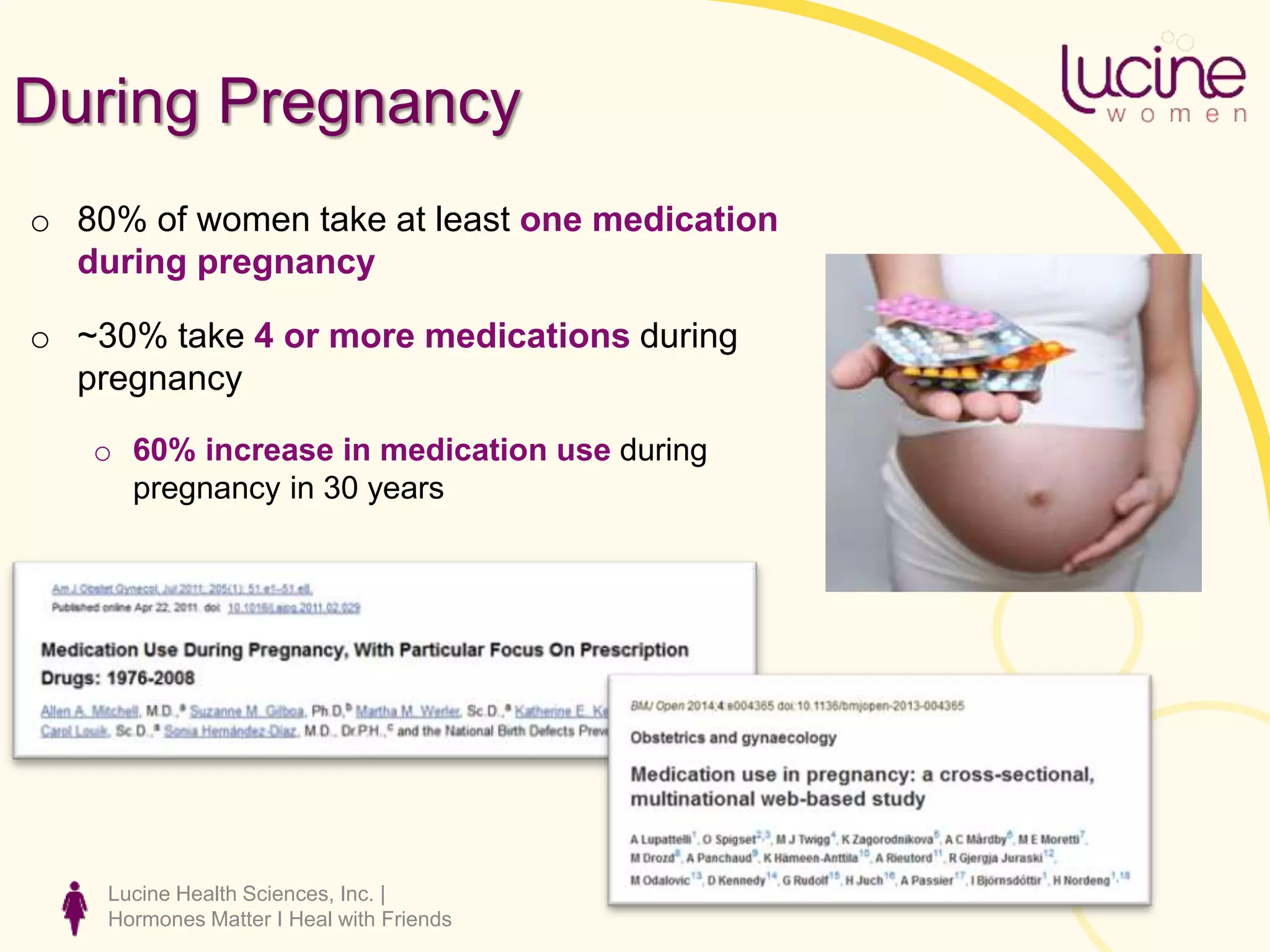 Lucine Health Sciences, Inc. |
Hormones Matter I Heal with Friends
During Pregnancy
o 80% of women take at least one medication
during pregnancy
o ~30% take 4 or more medications during
pregnancy
o 60% increase in medication use during
pregnancy in 30 years
 