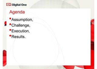 Agenda
•Assumption,
•Challenge,
•Execution,
•Results.
 