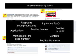 What were we talking about?




         Raspberry            Lipton Ice Tea☺
      superproductions
                  Positive themes            Positive
Applications                                 music☺
  Methodes for the                    Contests
   good humour
                            Positive Manifesto
 