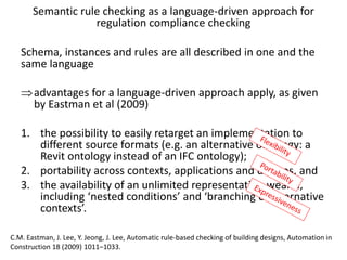 Schema, instances and rules are all described in one and the
same language
advantages for a language-driven approach apply, as given
by Eastman et al (2009)
1. the possibility to easily retarget an implementation to
different source formats (e.g. an alternative ontology: a
Revit ontology instead of an IFC ontology);
2. portability across contexts, applications and devices, and
3. the availability of an unlimited representation wealth,
including ‘nested conditions’ and ‘branching of alternative
contexts’.
Semantic rule checking as a language-driven approach for
regulation compliance checking
C.M. Eastman, J. Lee, Y. Jeong, J. Lee, Automatic rule-based checking of building designs, Automation in
Construction 18 (2009) 1011–1033.
 