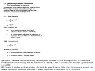 [1] European Committee for Standardization (CEN), European Standard EN 12354-3, Building Acoustics — Estimation of
Acoustic Performance of Buildings from the Performance of Elements — Part 3: Airborne Sound Insulation Against Outdoor
Sound, 2000.
[2] P. Pauwels, D. Van Deursen, R. Verstraeten, J. De Roo, R. De Meyer, R. Van de Walle, J. Van Campenhout. A semantic rule
checking environment for building performance checking. Automation in Construction 20 (2011) 506–518.
 