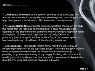 Page 7
Continue………………
Cross-tolerance Refers to the ability of one drug to be substituted for
another, each usually producing the same physiologic and psychological effect
(e.g., diazepam and barbiturates). Also known as cross-dependence.
Neuroadaptation Neurochemical or neurophysiologic changes in the body
that result from the repeated administration of a drug. Neuroadaptation
accounts for the phenomenon of tolerance. Pharmacokinetic adaptation refers
to adaptation of the metabolizing system in the body. Cellular or
pharmacodynamic adaptation refers to the ability of the nervous system to
function despite high blood levels of the offending substance.
Codependence Term used to refer to family members affected by or
influencing the behavior of the substance abuser. Related to the term enabler,
which is a person who facilitates the abuser's addictive behavior (e.g.,
providing drugs directly or money to buy drugs). Enabling also includes the
unwillingness of a family member to accept addiction as a medical-psychiatric
disorder or to deny that person is abusing a substance.
 