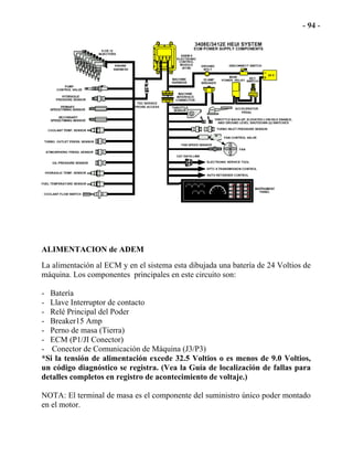 ALIMENTACION de ADEM
La alimentación al ECM y en el sistema esta dibujada una batería de 24 Voltios de
máquina. Los componentes principales en este circuito son:
- Batería
- Llave Interruptor de contacto
- Relé Principal del Poder
- Breaker15 Amp
- Perno de masa (Tierra)
- ECM (P1/JI Conector)
- Conector de Comunicación de Máquina (J3/P3)
*Si la tensión de alimentación excede 32.5 Voltios o es menos de 9.0 Voltios,
un código diagnóstico se registra. (Vea la Guía de localización de fallas para
detalles completos en registro de acontecimiento de voltaje.)
NOTA: El terminal de masa es el componente del suministro único poder montado
en el motor.
 