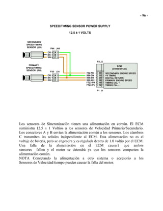 Los sensores de Sincronización tienen una alimentación en común. El ECM
suministra 12.5 ± 1 Voltios a los sensores de Velocidad Primario/Secundario.
Los conectores A y B envían la alimentación común a los sensores. Los alambres
C transmiten las señales independiente al ECM. Esta alimentación no es el
voltaje de batería, pero se engendra y es regulada dentro de 1.0 voltio por el ECM.
Una falla de la alimentación en el ECM causará que ambos
sensores fallen y el motor se detendrá ya que los sensores comparten la
alimentación común.
NOTA Conectando la alimentación a otro sistema o accesorio a los
Sensores de Velocidad/tiempo pueden causar la falla del motor.
 