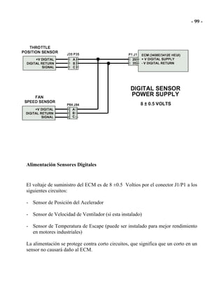 Alimentación Sensores Digitales
El voltaje de suministro del ECM es de 8 ±0.5 Voltios por el conector J1/P1 a los
siguientes circuitos:
- Sensor de Posición del Acelerador
- Sensor de Velocidad de Ventilador (sí esta instalado)
- Sensor de Temperatura de Escape (puede ser instalado para mejor rendimiento
en motores industriales)
La alimentación se protege contra corto circuitos, que significa que un corto en un
sensor no causará daño al ECM.
 