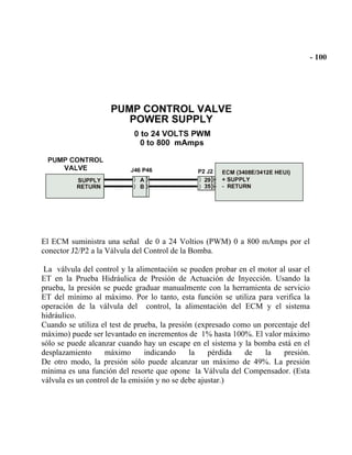 El ECM suministra una señal de 0 a 24 Voltios (PWM) 0 a 800 mAmps por el
conector J2/P2 a la Válvula del Control de la Bomba.
La válvula del control y la alimentación se pueden probar en el motor al usar el
ET en la Prueba Hidráulica de Presión de Actuación de Inyección. Usando la
prueba, la presión se puede graduar manualmente con la herramienta de servicio
ET del mínimo al máximo. Por lo tanto, esta función se utiliza para verifica la
operación de la válvula del control, la alimentación del ECM y el sistema
hidráulico.
Cuando se utiliza el test de prueba, la presión (expresado como un porcentaje del
máximo) puede ser levantado en incrementos de 1% hasta 100%. El valor máximo
sólo se puede alcanzar cuando hay un escape en el sistema y la bomba está en el
desplazamiento máximo indicando la pérdida de la presión.
De otro modo, la presión sólo puede alcanzar un máximo de 49%. La presión
mínima es una función del resorte que opone la Válvula del Compensador. (Esta
válvula es un control de la emisión y no se debe ajustar.)
 