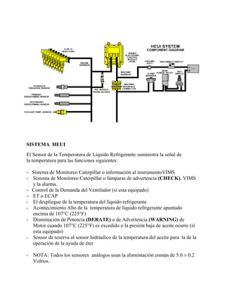 SISTEMA HEUI
El Sensor de la Temperatura de Líquido Refrigerante suministra la señal de
la temperatura para las funciones siguientes:
- Sistema de Monitoreo Caterpillar o información al instrumentoVIMS
- Sistema de Monitoreo Caterpillar o lámparas de advertencia (CHECK), VIMS
y la alarma.
- Control de la Demanda del Ventilador (sí esta equipado)
- ET o ECAP
- El despliegue de la temperatura del líquido refrigerante
- Acontecimiento Alto de la temperatura de líquido refrigerante apuntado
encima de 107°C (225°F)
- Disminución de Potencia (DERATE) o de Advertencia (WARNING) de
Motor cuando 107°C (225°F) es excedido o la presión baja de aceite ocurre (sí
esta equipado)
- Sensor de reserva al sensor hidráulico de la temperatura del aceite para la de la
operación de la ayuda de éter
- NOTA: Todos los sensores análogos usan la alimentación común de 5.0 ± 0.2
Voltios.
 