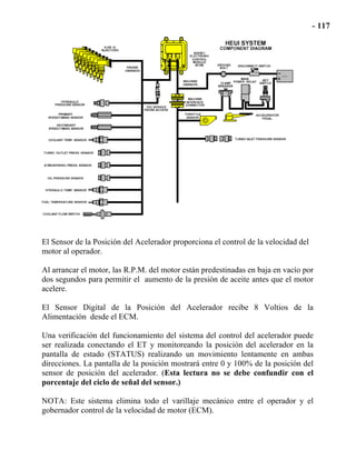 El Sensor de la Posición del Acelerador proporciona el control de la velocidad del
motor al operador.
Al arrancar el motor, las R.P.M. del motor están predestinadas en baja en vacío por
dos segundos para permitir el aumento de la presión de aceite antes que el motor
acelere.
El Sensor Digital de la Posición del Acelerador recibe 8 Voltios de la
Alimentación desde el ECM.
Una verificación del funcionamiento del sistema del control del acelerador puede
ser realizada conectando el ET y monitoreando la posición del acelerador en la
pantalla de estado (STATUS) realizando un movimiento lentamente en ambas
direcciones. La pantalla de la posición mostrará entre 0 y 100% de la posición del
sensor de posición del acelerador. (Esta lectura no se debe confundir con el
porcentaje del ciclo de señal del sensor.)
NOTA: Este sistema elimina todo el varillaje mecánico entre el operador y el
gobernador control de la velocidad de motor (ECM).
 