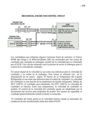 Los ventiladores que refrigeran algunos Camiones Fuera de carretera, el Tractor
D10R tipo Oruga y la Moto-niveladora 24H son accionados por una correa de
ventilador que comanda un embrague variable de la velocidad que es controlado
por el ECM. Una válvula solenoide varía la presión de aceite al embrague para el
control de la velocidad de ventilador.
Un sensor digital de la velocidad se usa como una referencia para la velocidad de
ventilador y se monta en el embrague. Este sensor se alimenta con de la
alimentación de un sensor digital. El Sensor de la Temperatura del Líquido
Refrigerante se usa como una referencia para el control de ventilador. La velocidad
del ventilador es una función de la temperatura de líquido refrigerante. Debajo de
88°C (190°F), el ventilador gira lentamente. En 98°C (208°F), la velocidad de
ventilador es máxima. Entre esas temperaturas, la velocidad de ventilador se
modula. El control de la velocidad del ventilador puede ser inhabilitado por la
herramienta del servicio para propósitos de prueba. Por razones de seguridad, el
ventilador girará lentamente cuando el motor es arrancado.
El ventilador del motor girará en la velocidad mínima cuando el interruptor de
compresor de aire acondicionado emite una señal al ECM.
 