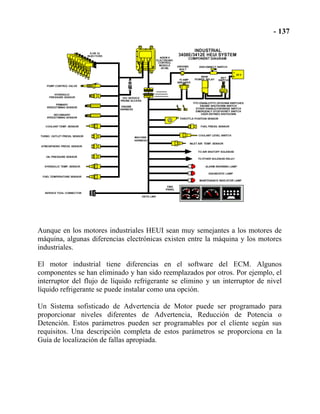 Aunque en los motores industriales HEUI sean muy semejantes a los motores de
máquina, algunas diferencias electrónicas existen entre la máquina y los motores
industriales.
El motor industrial tiene diferencias en el software del ECM. Algunos
componentes se han eliminado y han sido reemplazados por otros. Por ejemplo, el
interruptor del flujo de líquido refrigerante se elimino y un interruptor de nivel
líquido refrigerante se puede instalar como una opción.
Un Sistema sofisticado de Advertencia de Motor puede ser programado para
proporcionar niveles diferentes de Advertencia, Reducción de Potencia o
Detención. Estos parámetros pueden ser programables por el cliente según sus
requisitos. Una descripción completa de estos parámetros se proporciona en la
Guía de localización de fallas apropiada.
 