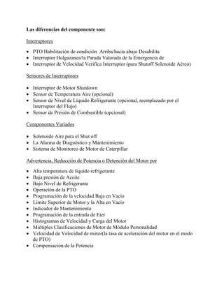 Las diferencias del componente son:
Interruptores
• PTO Habilitación de condición Arriba/hacia abajo Desabilita
• Interruptor Holgazanea/la Parada Valorada de la Emergencia de
• Interruptor de Velocidad Verifica Interruptor (para Shutoff Solenoide Aéreo)
Sensores de Interruptores
• Interruptor de Motor Shutdown
• Sensor de Temperatura Aire (opcional)
• Sensor de Nivel de Líquido Refrigerante (opcional, reemplazado por el
Interruptor del Flujo)
• Sensor de Presión de Combustible (opcional)
Componentes Variados
• Solenoide Aire para el Shut off
• La Alarma de Diagnóstico y Mantenimiento
• Sistema de Monitoreo de Motor de Caterpillar
Advertencia, Reducción de Potencia o Detención del Motor por
• Alta temperatura de líquido refrigerante
• Baja presión de Aceite
• Bajo Nivel de Refrigerante
• Operación de la PTO
• Programación de la velocidad Baja en Vacío
• Límite Superior de Motor y la Alta en Vacío
• Indicador de Mantenimiento
• Programación de la entrada de Eter
• Histogramas de Velocidad y Carga del Motor
• Múltiples Clasificaciones de Motor de Módulo Personalidad
• Velocidad de Velocidad de motor(la tasa de aceleración del motor en el modo
de PTO)
• Compensación de la Potencia
 