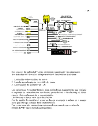 Dos sensores de Velocidad/Tiempo se instalan: un primario y un secundario.
Los Sensores de Velocidad/ Tiempo tienen tres funciones en el sistema:
1. La medida de la velocidad del motor
2. La relación del orden de encendido del motor
3. La ubicación del cilíndro y el TDC
Los sensores de Velocidad/Tiempo, están montados en la caja frontal que contiene
el engranaje de sincronización, son de auto ajuste durante la instalación y no tienen
espacio libre con la rueda de la sincronización.
La cabeza se extiende antes de su instalación.
Con la acción de atornillar el sensor en la caja se empuja la cabeza en el cuerpo
hasta que esta topa la rueda de la sincronización.
Este contacto es sólo momentáneo mientras el motor comienza a realizar la
primera RPM y se produce el ajuste correcto.
 