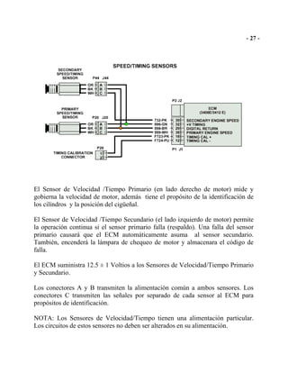 El Sensor de Velocidad /Tiempo Primario (en lado derecho de motor) mide y
gobierna la velocidad de motor, además tiene el propósito de la identificación de
los cilíndros y la posición del cigüeñal.
El Sensor de Velocidad /Tiempo Secundario (el lado izquierdo de motor) permite
la operación continua si el sensor primario falla (respaldo). Una falla del sensor
primario causará que el ECM automáticamente asuma al sensor secundario.
También, encenderá la lámpara de chequeo de motor y almacenara el código de
falla.
El ECM suministra 12.5 ± 1 Voltios a los Sensores de Velocidad/Tiempo Primario
y Secundario.
Los conectores A y B transmiten la alimentación común a ambos sensores. Los
conectores C transmiten las señales por separado de cada sensor al ECM para
propósitos de identificación.
NOTA: Los Sensores de Velocidad/Tiempo tienen una alimentación particular.
Los circuitos de estos sensores no deben ser alterados en su alimentación.
 