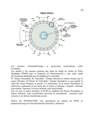 Los sensores Velocidad/Tiempo se posicionan verticalmente sobre
los dientes.
Los dientes y los sensores generan una señal de salida de Ancho de Pulso
Modulado (PWM) para el propósito de Sincronización y una señal salida
de Frecuencia Modulada para la medida de la velocidad.
El Sensor Secundario de Velocidad / Tiempo funciona al mismo tiempo que el
sensor Primario. El Sensor de Velocidad / Tiempo Secundario se usa cuando la
señal del sensor Primario se pierde o se distorsiona. Si el sensor Secundario se
seleccione, continuará en uso hasta que el motor se detenga y después arranque
nuevamente. Entonces, el sensor primario será seleccionado.
Una vez que el motor arranque, el ECM no cambiará del Sensor Secundario al
Sensor Primario. Esta característica previene la conmutación constante entre
sensores si un defecto intermitente ocurre.
NOTA del INSTRUCTOR: Una descripción de señales de PWM se
proporciona luego en esta presentación (Sensores y Sistemas)
 
