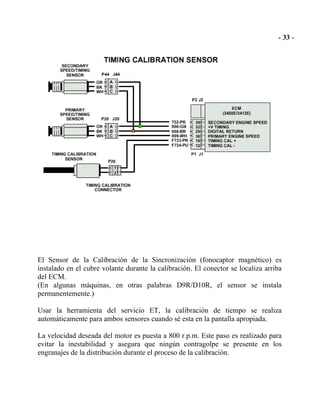 El Sensor de la Calibración de la Sincronización (fonocaptor magnético) es
instalado en el cubre volante durante la calibración. El conector se localiza arriba
del ECM.
(En algunas máquinas, en otras palabras D9R/D10R, el sensor se instala
permanentemente.)
Usar la herramienta del servicio ET, la calibración de tiempo se realiza
automáticamente para ambos sensores cuando sé esta en la pantalla apropiada.
La velocidad deseada del motor es puesta a 800 r.p.m. Este paso es realizado para
evitar la inestabilidad y asegura que ningún contragolpe se presente en los
engranajes de la distribución durante el proceso de la calibración.
 