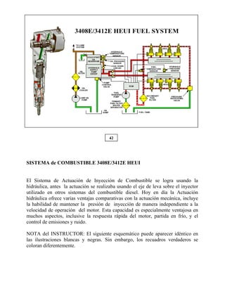 SISTEMA de COMBUSTIBLE 3408E/3412E HEUI
El Sistema de Actuación de Inyección de Combustible se logra usando la
hidráulica, antes la actuación se realizaba usando el eje de leva sobre el inyector
utilizado en otros sistemas del combustible diesel. Hoy en día la Actuación
hidráulica ofrece varias ventajas comparativas con la actuación mecánica, incluye
la habilidad de mantener la presión de inyección de manera independiente a la
velocidad de operación del motor. Esta capacidad es especialmente ventajosa en
muchos aspectos, inclusive la respuesta rápida del motor, partida en frío, y el
control de emisiones y ruido.
NOTA del INSTRUCTOR: El siguiente esquemático puede aparecer idéntico en
las ilustraciones blancas y negras. Sin embargo, los recuadros verdaderos se
coloran diferentemente.
 