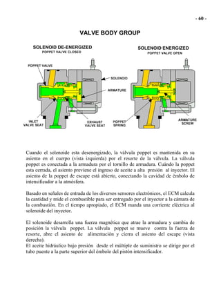 Cuando el solenoide esta desenergizado, la válvula poppet es mantenida en su
asiento en el cuerpo (vista izquierda) por el resorte de la válvula. La válvula
poppet es conectada a la armadura por el tornillo de armadura. Cuándo la poppet
esta cerrada, el asiento previene el ingreso de aceite a alta presión al inyector. El
asiento de la poppet de escape está abierto, conectando la cavidad de émbolo de
intensificador a la atmósfera.
Basado en señales de entrada de los diversos sensores electrónicos, el ECM calcula
la cantidad y mide el combustible para ser entregado por el inyector a la cámara de
la combustión. En el tiempo apropiado, el ECM manda una corriente eléctrica al
solenoide del inyector.
El solenoide desarrolla una fuerza magnética que atrae la armadura y cambia de
posición la válvula poppet. La válvula poppet se mueve contra la fuerza de
resorte, abre el asiento de alimentación y cierra el asiento del escape (vista
derecha).
El aceite hidráulico bajo presión desde el múltiple de suministro se dirige por el
tubo puente a la parte superior del émbolo del pistón intensificador.
 