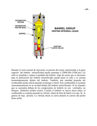 Durante el ciclo normal de inyección, la presión del aceite suministrada a la parte
superior del émbolo intensificador puede aumentar a 22800 kPa (3300 psi). Un
sello es instalado y reduce la perdida del émbolo. Algo de aceite que es necesario
para la lubricación del émbolo intensificador puede pasar el sello y se asienta
momentáneamente debajo del émbolo. También, una cantidad pequeña del
combustible puede salirse pasando el plunger y barril. Este combustible se asentará
momentáneamente en la cavidad debajo del émbolo intensificador. Si los líquidos
que se acumulan debajo de los componentes de émbolo no son ventilados, un
bloqueo hidráulico podría ocurrir. Cuando el émbolo se mueve hacia abajo, el
combustible se expulsa pasando la válvula check de bola de barril a la caja de la
galería de baja presión. La válvula check se cierra durante la carrera del pistón
hacia arriba
 