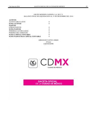 3 de Junio de 2016 GACETA OFICIAL DE LA CIUDAD DE MÉXICO 25
GRUPO MODERN FASHION, S.A. DE C.V.
BALANCE FINAL DE LIQUIDACION AL 31 DE DICIEMBRE DEL 2014
ACTIVOS
ACTIVO CIRCULANTE 0
SUMA ACTIVOS 0
PASIVOS
OTROS PASIVOS 0
SUMA PASIVOS 0
PERDIDAS ACUMULADAS 0
PERDIDA DEL EJERCICIO 0
SUMA CAPITAL CONTABLE 0
SUMA PASIVO MAS CAPITAL CONTABLE 0
ABRAHAM YAFFEE AMKIE
(Firma)
LIQUIDADOR
 