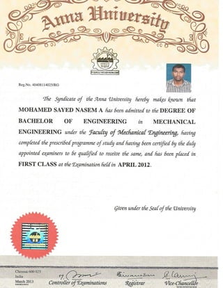 BE Mechanical degree certificate