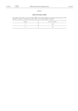 ANNEX II
LIMITS FOR SMALL SERIES
The number of units within a type to be made available on the market, registered or entered into service per year in each
Member State shall not exceed the value shown below for the vehicle category in question.
Category Units (for each type)
T 150
C 50
ENL 60/50 Official Journal of the European Union 2.3.2013
 