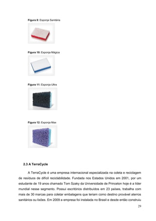 29
Figura 9: Esponja Sanitária
Figura 10: Esponja Mágica
Figura 11: Esponja Ultra
Figura 12: Esponja Max
2.3 A TerraCycle
A TerraCycle é uma empresa internacional especializada na coleta e reciclagem
de resíduos de difícil reciclabilidade. Fundada nos Estados Unidos em 2001, por um
estudante de 19 anos chamado Tom Szaky da Universidade de Princeton hoje é a líder
mundial nesse segmento. Possui escritórios distribuídos em 23 países, trabalha com
mais de 30 marcas para coletar embalagens que teriam como destino provável aterros
sanitários ou lixões. Em 2009 a empresa foi instalada no Brasil e desde então construiu
 