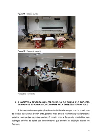 32
Figura 17 - Sala de reunião
Figura 18 - Espaço de trabalho
Fonte: Site TerraCycle
3. A LOGÍSTICA REVERSA DAS ESPONJAS 3M DO BRASIL E O PROJETO
BRIGADA DE ESPONJAS SCOTCH-BRITE PELA EMPRESA TERRACYCLE
A 3M dentro dos seus princípios de sustentabilidade sempre buscou uma forma
de reciclar as esponjas Scotch-Brite, porém o mais difícil é realmente operacionalizar a
logística reversa das esponjas usadas. O projeto com a Terracycle possibilitou esta
operação através da ajuda dos consumidores que enviam as esponjas através de
Correios.
 