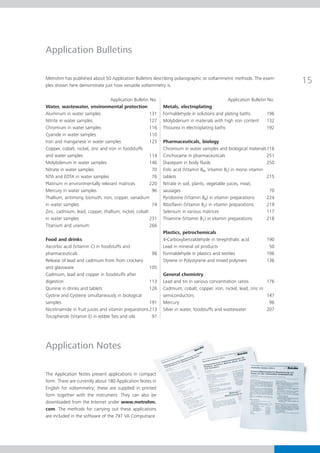 Application Bulletins

Metrohm has published about 50 Application Bulletins describing polarographic or voltammetric methods. The exam-
ples shown here demonstrate just how versatile voltammetry is.
                                                                                                                        15
                                  Application Bulletin No.                                   Application Bulletin No.
Water, wastewater, environmental protection                  Metals, electroplating
Aluminum in water samples                              131   Formaldehyde in solutions and plating baths         196
Nitrite in water samples                               127   Molybdenum in materials with high iron content      132
Chromium in water samples                              116   Thiourea in electroplating baths                    192
Cyanide in water samples                               110
Iron and manganese in water samples                    123   Pharmaceuticals, biology
Copper, cobalt, nickel, zinc and iron in foodstuffs          Chromium in water samples and biological materials 116
and water samples                                      114   Cinchocaine in pharmaceuticals                      251
Molybdenum in water samples                            146   Diazepam in body fluids                             250
Nitrate in water samples                                70   Folic acid (Vitamin B9, Vitamin Bc) in mono vitamin
NTA and EDTA in water samples                           76   tablets                                             215
Platinum in environmentally relevant matrices          220   Nitrate in soil, plants, vegetable juices, meat,
Mercury in water samples                                96   sausages                                             70
Thallium, antimony, bismuth, iron, copper, vanadium          Pyridoxine (Vitamin B6) in vitamin preparations     224
in water samples                                        74   Riboflavin (Vitamin B2) in vitamin preparations     219
Zinc, cadmium, lead, copper, thallium, nickel, cobalt        Selenium in various matrices                        117
in water samples                                       231   Thiamine (Vitamin B1) in vitamin preparations       218
Titanium and uranium                                   266
                                                             Plastics, petrochemicals
Food and drinks                                              4-Carboxybenzaldehyde in terephthalic acid          190
Ascorbic acid (Vitamin C) in foodstuffs and                  Lead in mineral oil products                         50
pharmaceuticals                                        98    Formaldehyde in plastics and textiles               196
Release of lead and cadmium from from crockery               Styrene in Polystyrene and mixed polymers           136
and glassware                                         105
Cadmium, lead and copper in foodstuffs after                 General chemistry
digestion                                             113    Lead and tin in various concentration ratios         176
Quinine in drinks and tablets                         126    Cadmium, cobalt, copper, iron, nickel, lead, zinc in
Cystine and Cysteine simultaneously in biological            semiconductors                                       147
samples                                               191    Mercury                                               96
Nicotinamide in fruit juices and vitamin preparations 213    Silver in water, foodstuffs and wastewater           207
Tocopherols (Vitamin E) in edible fats and oils        97




Application Notes

The Application Notes present applications in compact
form. There are currently about 180 Application Notes in
English for voltammetry; these are supplied in printed
form together with the instrument. They can also be
downloaded from the Internet under www.metrohm.
com. The methods for carrying out these applications
are included in the software of the 797 VA Computrace.
 