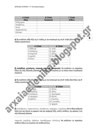 ΘΟΥΚΥΔΙΔΗ «ΙΣΤΟΡΙΩΝ»: Γ’ 79 - 80 | Τράπεζα Θεμάτων
5
Α’ ΣΤΗΛΗ Β’ ΣΤΗΛΗ Γ’ ΣΤΗΛΗ
Λέξεις Ουσιαστικά Επίθετα
α) Να συνδέσετε κάθε λέξη της Α’ στήλης με την συνώνυμή της στη Β’ στήλη (δύο λέξεις της Β’
στήλης περισσεύουν):
Α’ ΣΤΗΛΗ Β’ ΣΤΗΛΗ
β) εκπόρθηση, μετακόμιση, υπαγωγή, ισοψηφία, ηπειρωτικός: Να συνδέσετε τις παραπάνω
λέξεις της νέας ελληνικής γλώσσας με τις λέξεις του κειμένου με τις οποίες έχουν ετυμολογική
συγγένεια.
α) Να συνδέσετε κάθε λέξη της Α’ στήλης με την αντώνυμή της στη Β’ στήλη (δύο λέξεις της Β’
στήλης περισσεύουν):
Α’ ΣΤΗΛΗ Β’ ΣΤΗΛΗ
β) : Από το θέμα καθεμιάς
λέξης που σας δίνεται να γράψετε από μία ομόρριζη λέξη, απλή ή σύνθετη, της αρχαίας ή της
νέας ελληνικής γλώσσας.
: Να αναλύσετε τις παραπάνω
σύνθετες λέξεις του κειμένου στα συνθετικά τους.
 