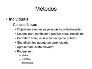 Métodos
• Individuais
– Características
• Objetivam atender as pessoas individualmente;
• Usados para conhecer o público e sua realidade;
• Permitem conquistar a confiança do público;
• São eficientes quanto ao aprendizado;
• Apresentam custo elevado;
• Podem ser:
– Visita
– Contato
– Entrevista
 