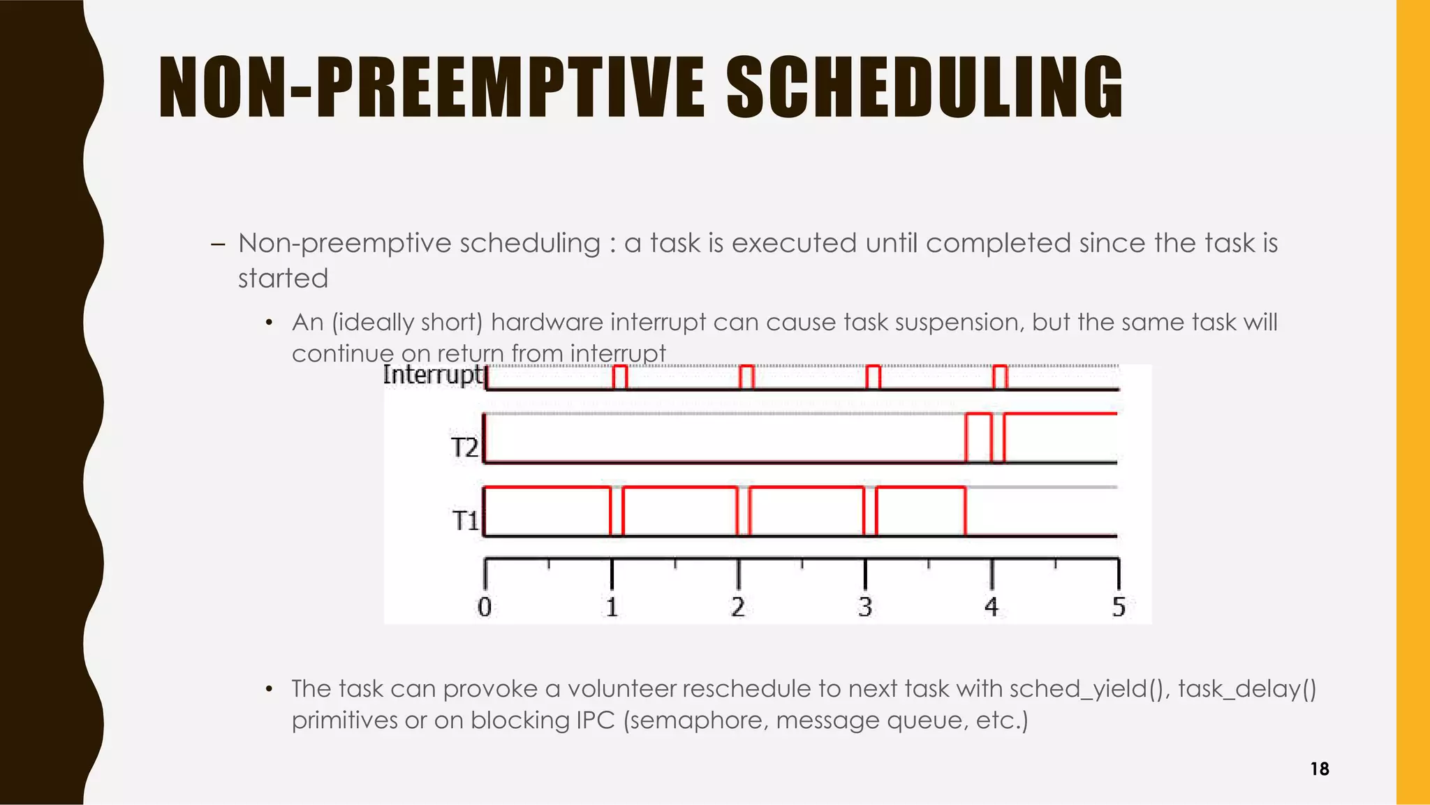 NON-PREEMPTIVE SCHEDULING
– Non-preemptive scheduling : a task is executed until completed since the task is
started
• An (ideally short) hardware interrupt can cause task suspension, but the same task will
continue on return from interrupt
• The task can provoke a volunteer reschedule to next task with sched_yield(), task_delay()
primitives or on blocking IPC (semaphore, message queue, etc.)
18
 