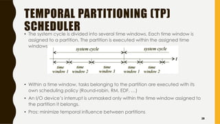 TEMPORAL PARTITIONING (TP)
SCHEDULER• The system cycle is divided into several time windows. Each time window is
assigned to a partition. The partition is executed within the assigned time
windows
• Within a time window, tasks belonging to the partition are executed with its
own scheduling policy (Round-robin, RM, EDF, …)
• An I/O device’s interrupt is unmasked only within the time window assigned to
the partition it belongs.
• Pros: minimize temporal influence between partitions
28
 