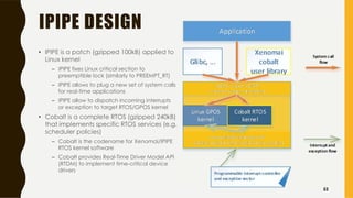 IPIPE DESIGN
• IPIPE is a patch (gzipped 100kB) applied to
Linux kernel
– IPIPE fixes Linux critical section to
preemptible lock (similarly to PREEMPT_RT)
– IPIPE allows to plug a new set of system calls
for real-time applications
– IPIPE allow to dispatch incoming interrupts
or exception to target RTOS/GPOS kernel
• Cobalt is a complete RTOS (gzipped 240kB)
that implements specific RTOS services (e.g.
scheduler policies)
– Cobalt is the codename for Xenomai/IPIPE
RTOS kernel software
– Cobalt provides Real-Time Driver Model API
(RTDM) to implement time-critical device
drivers
53
 