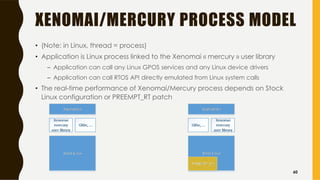XENOMAI/MERCURY PROCESS MODEL
• (Note: in Linux, thread = process)
• Application is Linux process linked to the Xenomai « mercury » user library
– Application can call any Linux GPOS services and any Linux device drivers
– Application can call RTOS API directly emulated from Linux system calls
• The real-time performance of Xenomai/Mercury process depends on Stock
Linux configuration or PREEMPT_RT patch
60
 