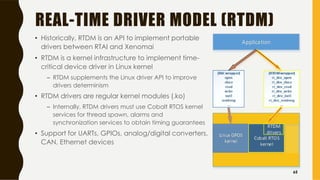REAL-TIME DRIVER MODEL (RTDM)
• Historically, RTDM is an API to implement portable
drivers between RTAI and Xenomai
• RTDM is a kernel infrastructure to implement time-
critical device driver in Linux kernel
– RTDM supplements the Linux driver API to improve
drivers determinism
• RTDM drivers are regular kernel modules (.ko)
– Internally, RTDM drivers must use Cobalt RTOS kernel
services for thread spawn, alarms and
synchronization services to obtain timing guarantees
• Support for UARTs, GPIOs, analog/digital converters,
CAN, Ethernet devices
65
 