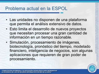 Problema actual en la ESPOL 
• Las unidades no disponen de una plataforma 
que permita el análisis extensivo de datos. 
• Esto limita el desarrollo de nuevos proyectos 
que necesitan procesar una gran cantidad de 
información en un tiempo razonable. 
• Simulación, procesamiento de imágenes, 
biotecnología, pronóstico del tiempo, modelado 
financiero, inteligencia de negocios, son algunas 
aplicaciones que requieren de gran poder de 
procesamiento. 
 
