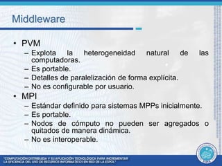 Middleware 
• PVM 
– Explota la heterogeneidad natural de las 
computadoras. 
– Es portable. 
– Detalles de paralelización de forma explícita. 
– No es configurable por usuario. 
• MPI 
– Estándar definido para sistemas MPPs inicialmente. 
– Es portable. 
– Nodos de cómputo no pueden ser agregados o 
quitados de manera dinámica. 
– No es interoperable. 
 