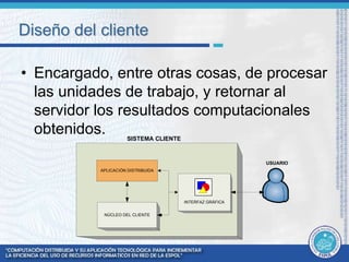 Diseño del cliente 
• Encargado, entre otras cosas, de procesar 
las unidades de trabajo, y retornar al 
servidor los resultados computacionales 
obtenidos. 
SISTEMA CLIENTE 
USUARIO 
INTERFAZ GRÁFICA 
APLICACIÓN DISTRIBUIDA 
NÚCLEO DEL CLIENTE 
 