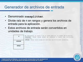 Generador de archivos de entrada 
• Denominado rsasplitter. 
• Divide raíz de n en rangos y genera los archivos de 
entrada para la aplicación. 
• Estos archivos de entrada serán convertidos en 
unidades de trabajo. 
n: Representa el valor n de la clave pública, un numero de N dígitos. 
ninicial: Rango desde donde se comienza a hacer las divisiones 
sucesivas. 
nfinal: Rango hasta donde se realizan las divisiones sucesivas. 
n 
ninicial 
nfinal 
 