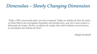 “Todo o DW é permeado pelo conceito temporal. Todas as tabelas de Fato de todos
os Data Marts são carregadas baseadas nas foreign keys, que têm como origem a
dimensão de tempo. Porém, os efeitos de tempo não estão isolados somente para
as atividades das tabelas de Fato.“
(Ralph Kimball)
Dimensões – Slowly Changing Dimension
 