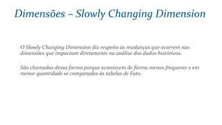 O Slowly Changing Dimension diz respeito às mudanças que ocorrem nas
dimensões que impactam diretamente na análise dos dados históricos.
São chamadas dessa forma porque acontecem de forma menos frequente e em
menor quantidade se comparadas às tabelas de Fato.
Dimensões – Slowly Changing Dimension
 
