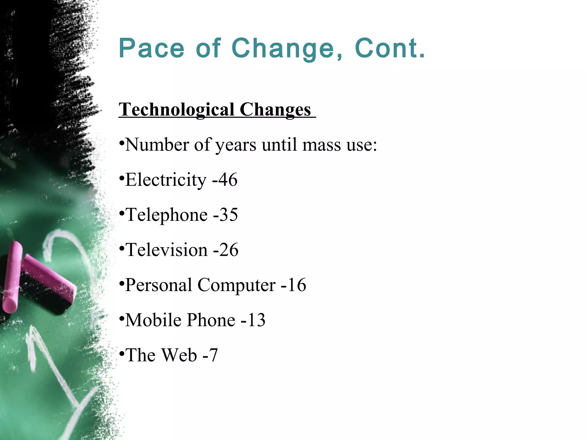 Pace of Change, Cont.
Technological Changes
•Number of years until mass use:
•Electricity -46
•Telephone -35
•Television -26
•Personal Computer -16
•Mobile Phone -13
•The Web -7
 
