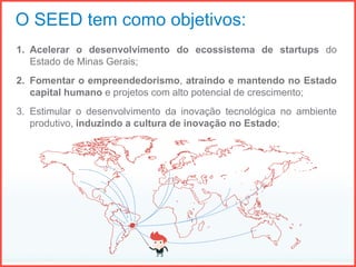 1. Acelerar o desenvolvimento do ecossistema de startups do
Estado de Minas Gerais;
2. Fomentar o empreendedorismo, atraindo e mantendo no Estado
capital humano e projetos com alto potencial de crescimento;
3. Estimular o desenvolvimento da inovação tecnológica no ambiente
produtivo, induzindo a cultura de inovação no Estado;
O SEED tem como objetivos:
 