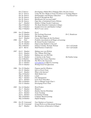 5
Oct 27 Seneca Developing a Media Rich, Pedagogy Rich, On-Line Course
Oct 27 Seneca Using The New Media to Foster Excellence in Teaching.Mitterer
Oct 26 Seneca Demographics and Distance Education Prof David Foot
Oct 26 Seneca Research Through the Web
Oct 26 Seneca Blackboard, Do you need chalk?
Oct 26 Seneca Page Out, a Customized Course Website
Jun 7 Humber Humber College Faculty Conference
May 17 Humber The Road Ahead for Community Colleges
May 17 Humber Guelph University and Humber College?
May 17 Humber Web CT your course
1999 Nov 25 Humber Excel
Jun 10 Humber The Evolving Classroom Dr C. Henderson
Jun 10 Humber The Mature Student
Jun 4 Humber Course Web Pages for the Facilitator
1998 Jun Peel Portfolio Assessment at all Stages of Learning
Jun 10 Humber Bi-Annual Faculty Conference
Jun 10 Humber Empowering Students to Succeed
May 21Humber Industry Canada, Strategis Website Gov’t of Canada
Apr 4 Barrie Small business Conference Gov’t of Canada
1997 Oct 8 Humber Making your own Website
Oct 6 Humber The 5 Minute Web Page
Oct 2 Humber Making your own Web Site
Jun 12 Humber A Journey to the Future Ms Pauline Laing
Jun 12 Humber Making Your Course Paperless
Apr 19 Sheridan The Web is the Classroom
Apr 17 Humber www.gateway to Effective Learning
Feb 15 Humber Writing Good Test Questions
1996 Nov 19 Humber Pegasus mail for Windows
Oct 22 Humber Intro to Power Point
Jun 4 Humber What is the Internet?
May 23 Humber Multi Media Cart
May 8 Humber e-mail
May 7 Humber File Management
Apr 4 Humber Lexis-Nexis Data Base
Mar 14 Humber How to Manage Large Class’s
Feb 13 Humber Developing Power Point
1995 Nov 14 Humber Word Perfect
Nov 7 Humber Windows
Nov 7 Humber Humber Internet Workshop
Jun 6 Humber Team Teaching
Jun 6 Humber Evaluating Training
May 29 Humber Computer Based Learning
May 24 Humber Digital Imaging
1994 Oct 29 Centennial Your Students as Customers
Oct 29 Centennial Group Work as an Educational Strategy
Jun 7 Humber Best Practices of Innovative Colleges
 