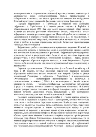 - 28 -
листогрызущими и сосущими насекомыми ( жуками, клопами, тлями и др. ).
Большинство видов сперматофторовых грибов распространено в
субтропиках и тропиках, где имеют практическое значение как возбудители
болезней культурных растений ( фисташки, хлопчатника, фасоли и др. ).
Порядок тафриновые ( Taphrinales ) содержит одно семейство
тафриновых ( Taphrinaceae ) с одним родом тафрина ( Taphrina ),
объединяющим около 100. Все они ведут паразитический образ жизни,
вызывая на высших растениях образование галлов, «ведьминых метл»,
деформацию листьев, различные уродства. Мицелий грибов располагается по
межклетникам и клеткам в тканях растений-хозяев, т. е. он эндофитный. У
многих видов мицелий зимующий, сохраняющийся из года в год в трещинах
коры, в стеблях и почках пораженных растений. Заражение осуществляется
гаплоидными аскоспорами.
Тафриновые грибы – высокоспециализированные паразиты. Каждый их
вид способен заразить и развиваться лишь в определенных органах одного
или нескольких близкородственных растений. Тафрировые распространены
преимущественно в умеренном поясе. Многие из них являются паразитами
дикорастущих и культивируемых косточковых плодовых – терна, вишни,
алычи, черешни, абрикоса, персика, миндаля, а также боярышника, березы.
тополя, дуба, ольхи и клена, чем наносят существенный вред плодоводству и
лесоводству.
Порядок протомицетовые ( Protomycetales ) – небольшой по объему – 4
рода с 25 видами, которые являются паразитами растений, вызывая
образование небольших галлов. опухолей или вздутий. Грибы из родов
протомицес( Protomyces ), тафридиум ( Taphridium ) и протомикопсис
(Protomycopsis ) паразитируют исключительно на зонтичных и
сложноцветных, а миксия ( Mixia ) – на папортниках. Хозяйственного
значения не имеют. Порядок аскосферовые ( Ascosphaerales ) объединяет
2 рода с 4 видами, которые являются паразитами насекомых. В Европе
широко распространена пчелиная аскосфера ( Ascosphaera apis ) – обычный
паразит личинок медоносной пчелы, вызывающий у них заболевание,
называемое пчеловодами известковой или каменной деткой.
Подкласс эуаскомицеты ( Euascomycetidae ) – группа грибов, образую-
щих сумки в настоящих плодовых телах – аскокарпиях, которые могут быть
трех типов – клейстотеции, перитеции и апотеции. Клейстотеции – округлые,
полностью замкнутые плодовые тела, содержащие только сумки. Перитеции
являются полузамкнутыми и имеют кувшиновидную форму с узким
отверстием на вершине и содержат кроме сумок стерильные элементы –
парафизы, или апикальные парафизы. Выбрасывание аскоспор из перитециев
обычно происходит активно. Апотеции – широко открытые при созревании
плодовые тела, обычно блюдцевидные, дисковидные или чашевидные. На их
верхней стороне располагается слой сумок и парафиз, называемый гимением.
Под гимением находится тонкий слой переплетающихся гиф – субгимений,
или гипотеций, аналогичный парафизам. Апотеций – наиболее совершенный
Copyright ОАО «ЦКБ «БИБКОМ» & ООО «Aгентство Kнига-Cервис»
 