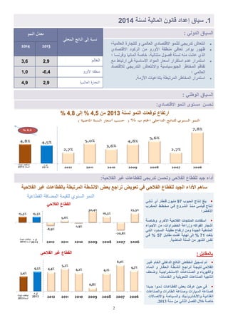 2
0.‫اعداد‬ ‫سَاق‬‫لسنة‬ ‫المالَة‬ ‫اانون‬4102
‫اىؼاىَٞح؛‬ ‫ىيرعاسج‬ ٗ َٜ‫اىؼاى‬ ٛ‫االقرقاد‬ َْ٘‫ىي‬ ٜ‫ذذسٝع‬ ‫اّرؼاػ‬
ٛ‫االقرقاد‬ ‫اىشم٘د‬ ٍِ ٗ‫األٗس‬ ‫ٍْطقح‬ ٜ‫ذؼاف‬ ‫ت٘ادس‬ ‫ظٖ٘س‬
‫؛‬ ‫ٗفشّغا‬ ‫أىَاّٞا‬ ‫خافح‬ ،‫ٍرراىٞح‬ ‫فق٘ه‬ ‫ىغرح‬ ٍْٔ ‫ػاّد‬ ٛ‫اىز‬
‫ٍغ‬ ‫اسذثاه‬ ٜ‫ف‬ ‫األعاعٞح‬ ‫اىَ٘اد‬ ‫أعؼاس‬ ‫اعرقشاس‬ ً‫ػذ‬ ‫اعرَشاس‬
‫ىالقرقاد‬ ٜ‫اىرذسٝع‬ ‫ٗاالّرؼاػ‬ ‫اىعٞ٘عٞاعٞح‬ ‫اىَخاهش‬ ٌ‫ذفاق‬
‫؛‬ َٜ‫اىؼاى‬
.‫األصٍح‬ ‫ترذاػٞاخ‬ ‫اىَشذثطح‬ ‫اىَخاهش‬ ‫اعرَشاس‬
: ٍ‫الوطن‬ ‫السَاق‬
‫النمو‬ ‫معدل‬
‫المحلي‬ ‫الناتج‬ ‫إلى‬ ‫نسبة‬
2014 2013
3,6 2,9 ‫اللال‬
1,0 0,4- ‫األورو‬ ‫منطقة‬
4,9 2,9 ‫العالمية‬ ‫التجارة‬
: ٍ‫الدول‬ ‫السَاق‬
ٌ‫االاتصاد‬ ‫النمو‬ ‫مستوي‬ ‫سن‬ ‫ت‬:
:‫َة‬ ‫الاال‬ ‫غَر‬ ‫للقطاعات‬ ٍ َ‫تدر‬ ‫سن‬ ‫وت‬ ٍ ‫الاال‬ ‫للقطاع‬ ‫َد‬ ‫أداء‬
‫َة‬ ‫الاال‬ ‫غَر‬ ‫بالقطاعات‬ ‫المرتبطة‬ ‫االنشطة‬ ‫بلض‬ ‫ع‬ ‫ترا‬ ‫تلوَض‬ ٍ‫ة‬ ٍ ‫الاال‬ ‫للقطاع‬ ‫َد‬ ‫ال‬ ‫األداء‬ ‫ساه‬
‫المضافة‬ ‫للقٌمة‬ ‫السنوي‬ ‫النمو‬‫القطاعٌة‬
ٍ ‫الاال‬ ‫القطاع‬
‫بوا‬ ‫ال‬ ‫انتاج‬ ‫بلغ‬79ٍ‫ثفانف‬ ٌ‫أ‬ ‫انطار‬ ‫ملَون‬
‫ا‬‫الفمفغفرا‬ ‫مفخفطفط‬ ٍ‫ةف‬ ‫الشفروع‬ ‫مفنفل‬ ٍ‫اَاس‬ ‫نتاج‬
‫األخضر؛‬
‫وخفاصفة‬ ‫األخري‬ ‫َة‬ ‫الاال‬ ‫ات‬ ‫المنت‬ ‫استاادت‬
‫فواء‬ ‫األ‬ ‫من‬ ،‫الخضراوات‬ ‫وزراعة‬ ‫الاواك‬ ‫ار‬ ‫أش‬
ٍ‫الفتف‬ ‫السفدود‬ ‫قَنفة‬ ‫ارتااع‬ ‫ومن‬ ‫َدة‬ ‫ال‬ ‫المناخَة‬
‫بلغت‬90‫مقابفل‬ ‫غشت‬ ‫نهاَة‬ ً‫ال‬ %79ٍ‫ةف‬ %
.‫الماضَة‬ ‫السنة‬ ‫من‬ ‫الشهر‬ ‫ناس‬
ٍ ‫الاال‬ ‫غَر‬ ‫القطاع‬ : ‫بالمقابل‬
‫َل‬ ‫تس‬ ‫ت‬‫غفَفر‬ ‫الخا‬ ٍ‫الداخل‬ ‫الناتج‬ ‫انخااض‬
‫الفمفاء‬ ‫و‬ ‫الفلفقفار‬ ‫أنشفطفة‬ ‫فع‬ ‫تفرا‬ ‫فة‬ ‫نتَف‬ ٍ ‫الاال‬
‫وضفلفف‬ ‫فَفة‬ ‫االسفتفخفرا‬ ‫الصفنفاعفات‬ ‫و‬ ‫والكهرباء‬
‫الخدمات‬ ‫و‬ ‫وَلَة‬ ‫الت‬ ‫الصناعات‬ ‫َة‬ ‫انتا‬‫؛‬
‫فَفدا‬ ‫نفمفوا‬ ‫القطفاعفات‬ ‫بلض‬ ‫عرةت‬ ‫َن‬ ٍ‫ة‬
‫والصناعات‬ ‫الطائرات‬ ‫وصناعة‬ ‫السَارات‬ ‫كصناعة‬
‫الغلائَفة‬‫وااللفكفتفرونفَفك‬‫ٗاىغيٞياؼيح‬‫واالتصفاالت‬
‫عْح‬ ٍِ ّٜ‫اىصا‬ ‫اىفقو‬ ‫خاله‬ ‫خافح‬2013.
‫لسنة‬ ‫النمو‬ ‫توالات‬ ‫ارتااع‬4102‫من‬2,7ً‫ال‬ %2,4%
 