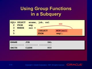 5-10 Copyright  Oracle Corporation, 1997. All rights reserved.
Using Group Functions
in a Subquery
800
ENAME JOB SAL
---------- --------- ---------
SMITH CLERK 800
SQL> SELECT ename, job, sal
2 FROM emp
3 WHERE sal =
4 (SELECT MIN(sal)
5 FROM emp);
 