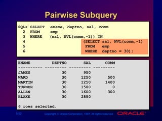 5-22 Copyright  Oracle Corporation, 1997. All rights reserved.
Pairwise Subquery
SQL> SELECT ename, deptno, sal, comm
2 FROM emp
3 WHERE (sal, NVL(comm,-1)) IN
4 (SELECT sal, NVL(comm,-1)
5 FROM emp
6 WHERE deptno = 30);
ENAME DEPTNO SAL COMM
---------- --------- --------- ---------
JAMES 30 950
WARD 30 1250 500
MARTIN 30 1250 1400
TURNER 30 1500 0
ALLEN 30 1600 300
BLAKE 30 2850
6 rows selected.
 