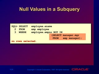 5-24 Copyright  Oracle Corporation, 1997. All rights reserved.
Null Values in a Subquery
SQL> SELECT employee.ename
2 FROM emp employee
3 WHERE employee.empno NOT IN
(SELECT manager.mgr
FROM emp manager);
no rows selected.
 