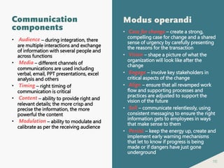 110
Communication
components
• Audience – during integration, there
are multiple interactions and exchange
of information with several people and
across functions
• Media – different channels of
communications are used including
verbal, email, PPT presentations, excel
analysis and others
• Timing – right timing of
communication is critical
• Content – ability to provide right and
relevant details; the more crisp and
precise the information, the more
powerful the content
• Modulation – ability to modulate and
calibrate as per the receiving audience
Modus operandi
• Case for change – create a strong,
compelling case for change and a shared
sense of urgency by carefully presenting
the reasons for the transaction
• Vision – shape a picture of what the
organization will look like after the
change
• Engage – involve key stakeholders in
critical aspects of the change
• Align – ensure that all revamped work
flow and supporting processes and
practices are adjusted to support the
vision of the future
• Sell – communicate relentlessly, using
consistent messaging to ensure the right
information gets to employees in ways
that make sense to them
• Persist – keep the energy up, create and
implement early warning mechanisms
that let to know if progress is being
made or if dangers have just gone
underground
 